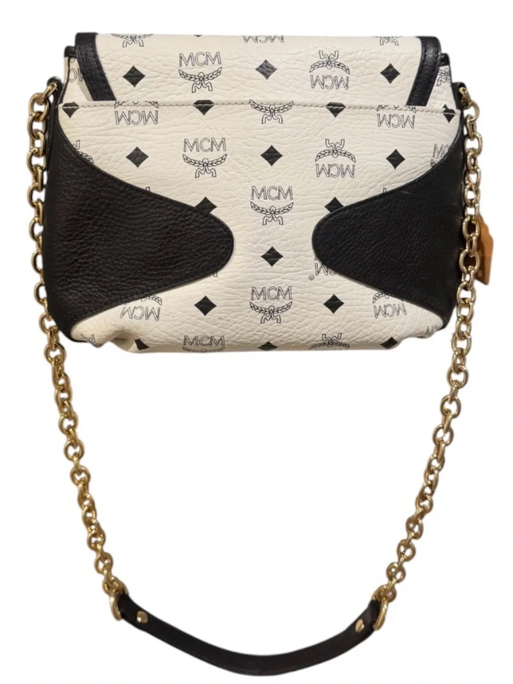 MCM Black and White Logo Leather Shoulder Bag with Gold Chain-Preowned